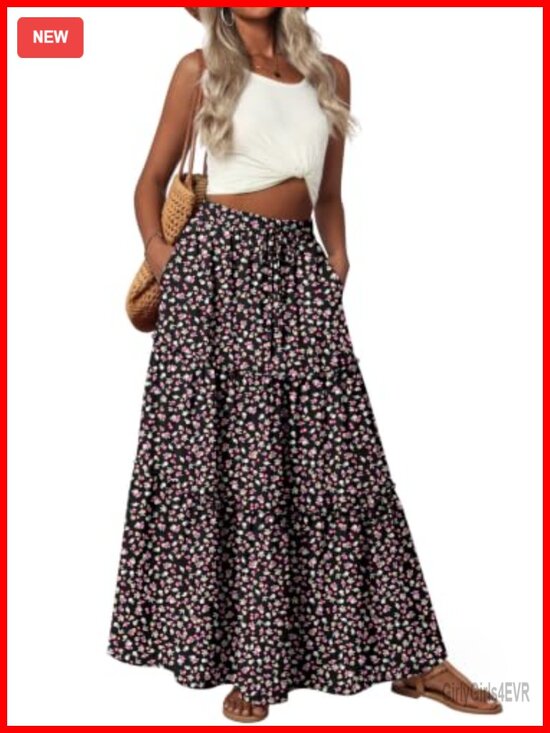 Dresses & Skirts - Women's Boho Maxi Skirt High Waist Tiered Ruffle Flowy Long Skirt with Pockets